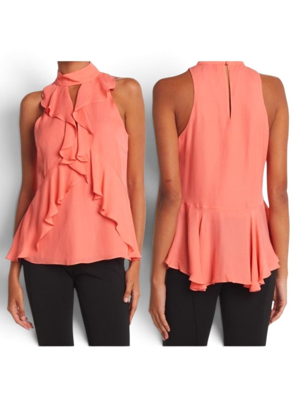 Cinq à Sept Moma Top Tiger Lily Coral 100% Silk Ruffle Blouse Medium